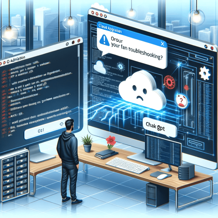 DALL·E 2023-12-28 14.21.06 - An image depicting a cloud application error scenario with a system administrator using OpenAI's ChatGPT for troubleshooting. Include a computer scree.png
