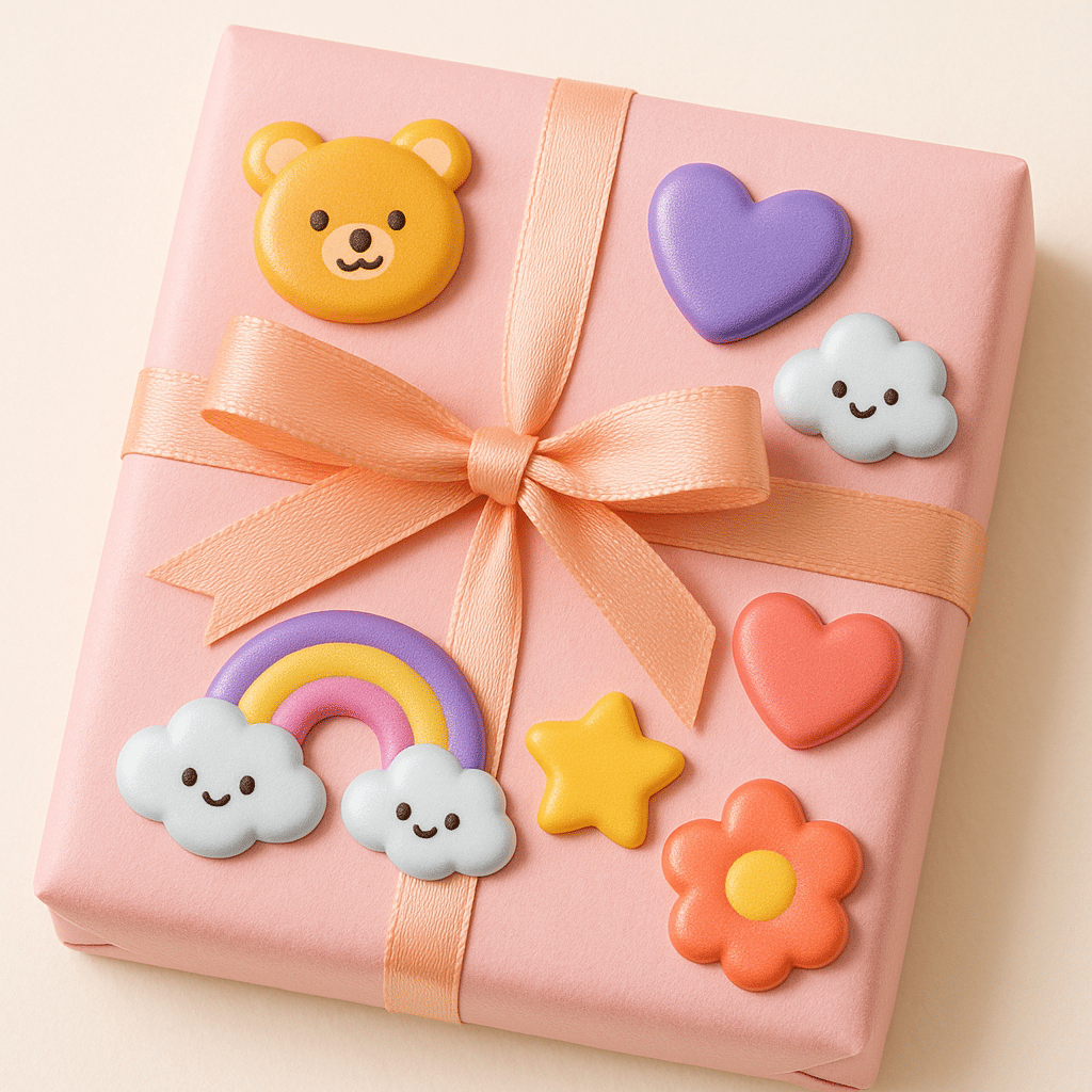 A pink-wrapped gift decorated with a satin bow and adorable puffy stickers such as bears, hearts, clouds, and flowers