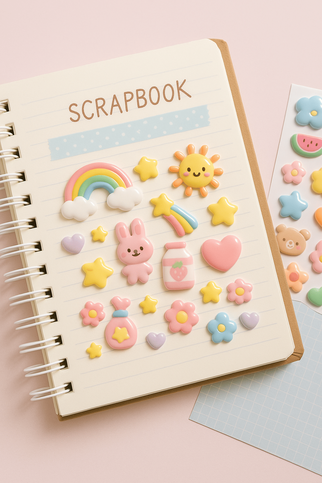 8. An open scrapbook page decorated with puffy stickers including a sun, rainbow, bunny, hearts, and flowers