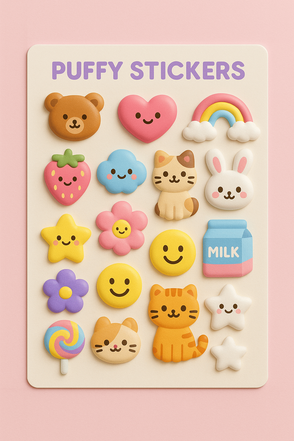 Pastel puffy sticker sheet featuring smiling animals, rainbows, stars, and cute food designs