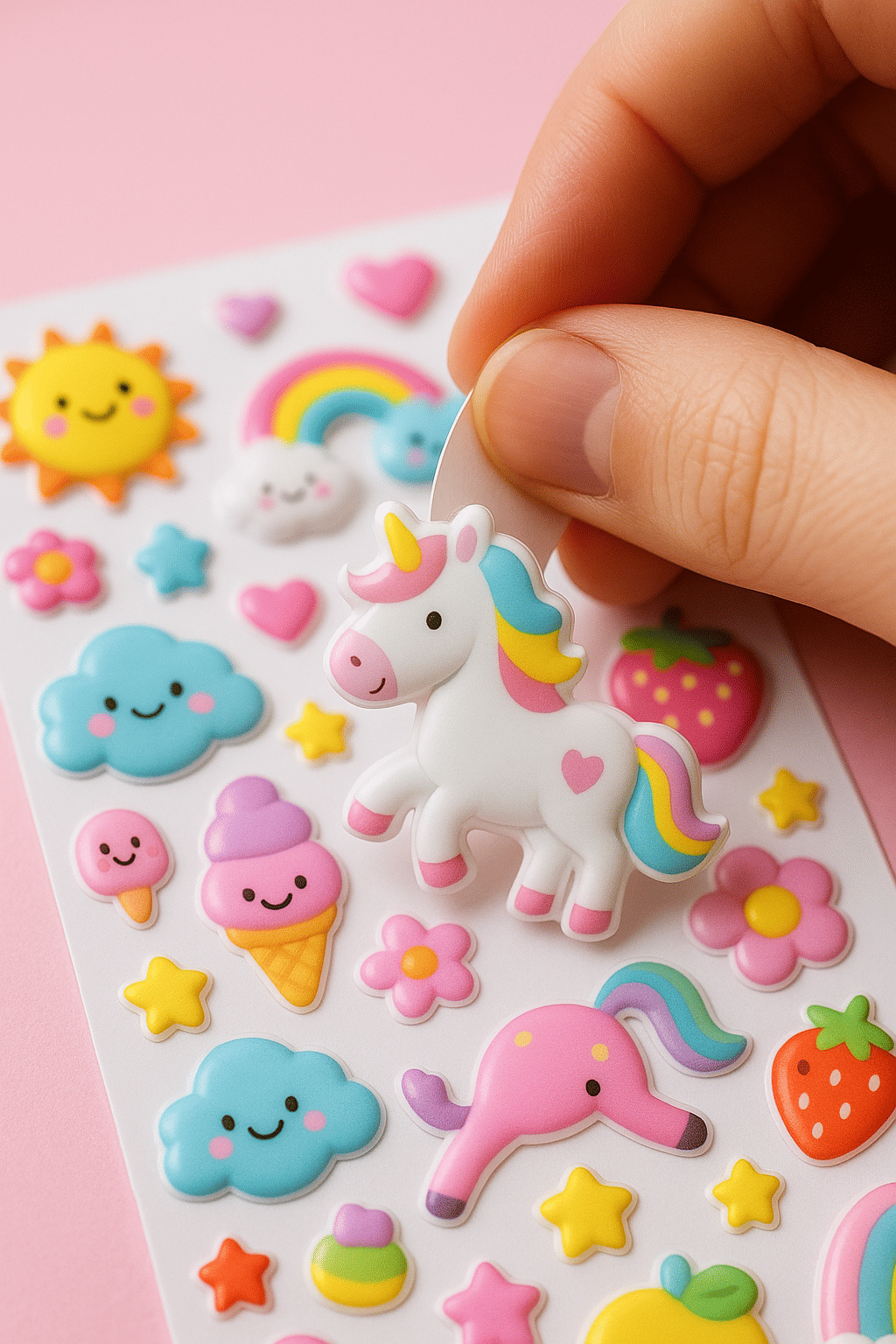 A close-up shot of a hand peeling a puffy unicorn sticker from a pastel sticker sheet