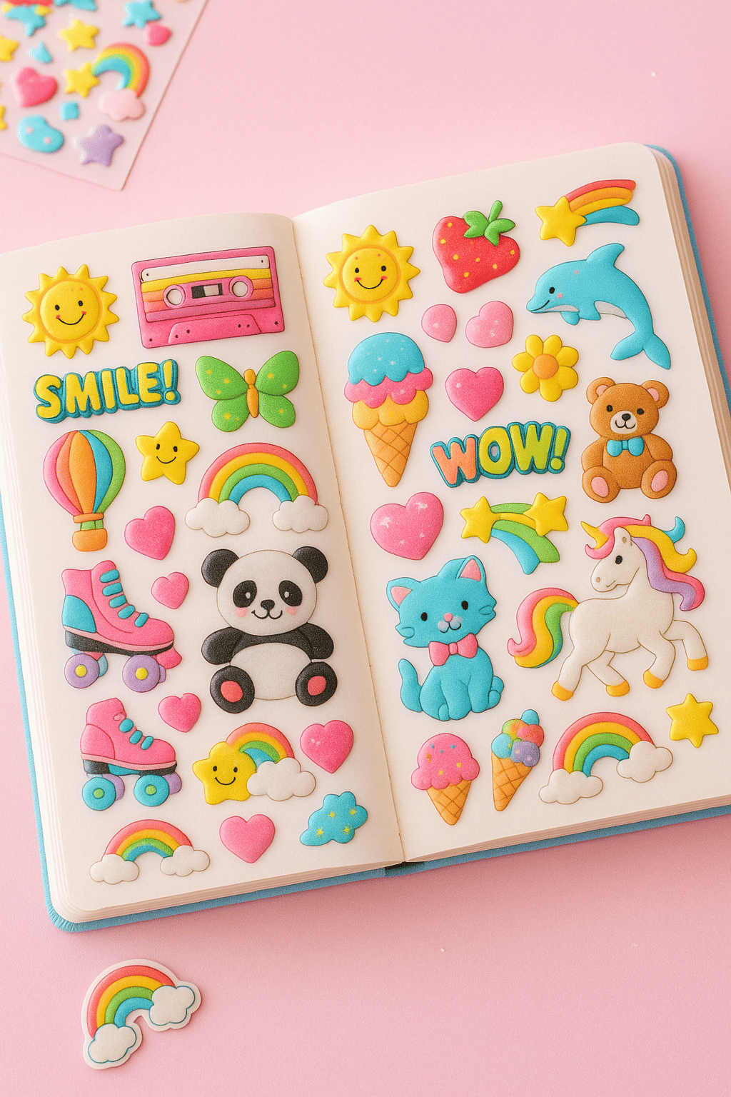 Open 90s-style sticker album filled with bright puffy stickers like rainbows, pandas, and roller skates
