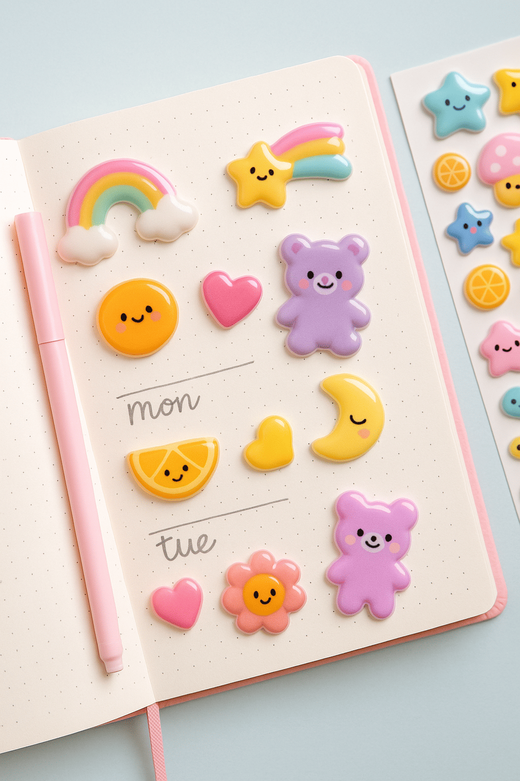A bullet journal decorated with pastel puffy stickers including a rainbow, stars, teddy bears, hearts, and citrus icons