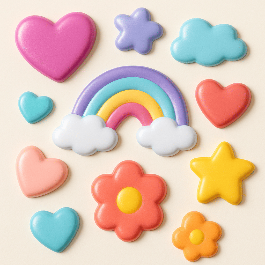 A close-up photograph of puffy foam stickers—rainbows, clouds, flowers, hearts, and stars—showing their raised texture