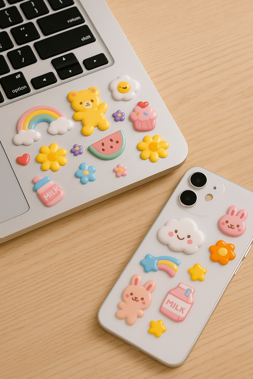 A silver laptop and white smartphone covered in pastel puffy stickers shaped like rainbows, animals, cupcakes, and flowers