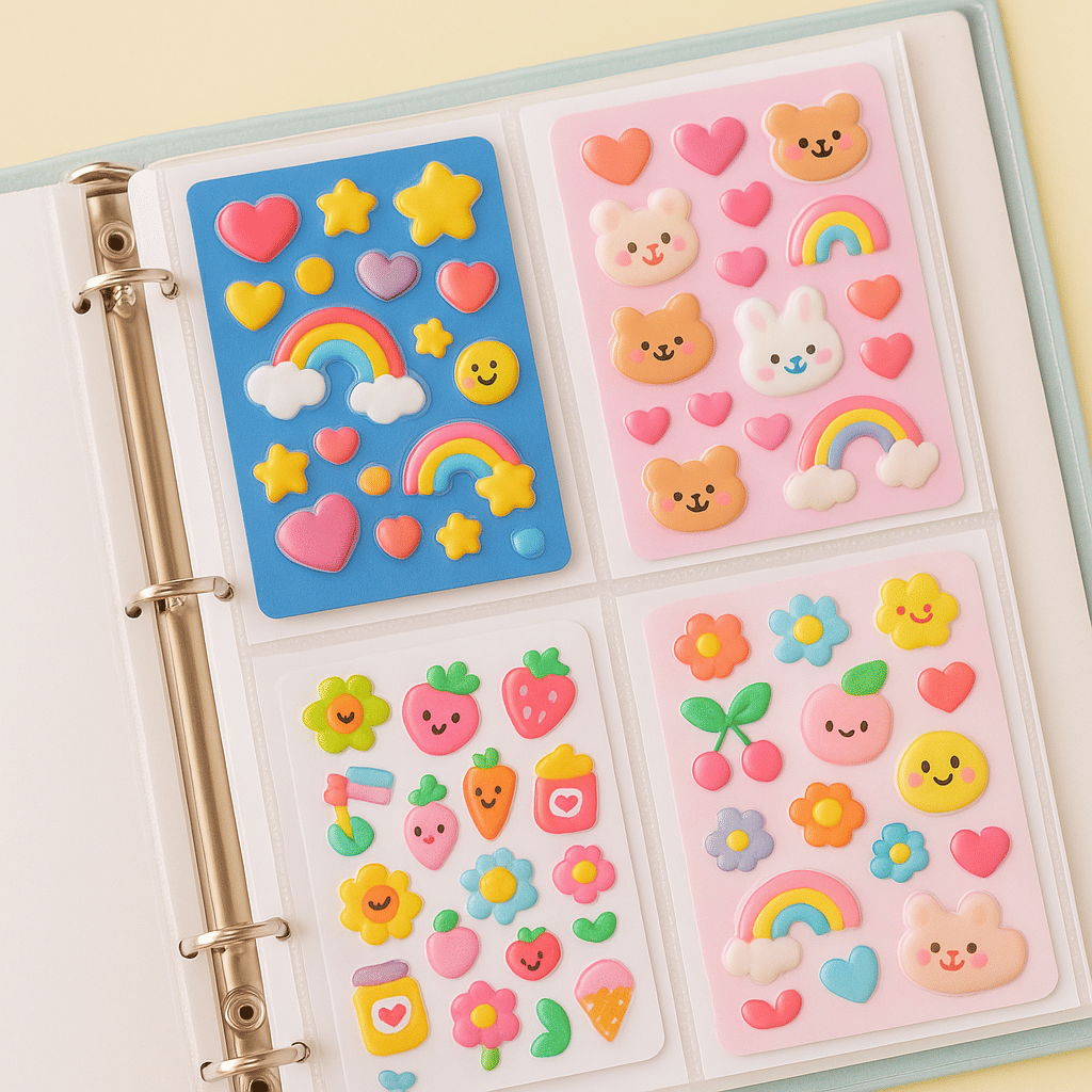 A three-ring binder filled with neatly organized puffy sticker sheets stored inside clear protective sleeves